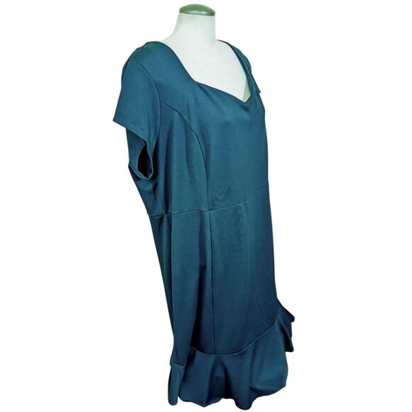 NEW G Giuliana Midi Dress Solid Forest Green Plus 3X Ruffle Hem Shift Cap Sleeve - Picture 2 of 8
